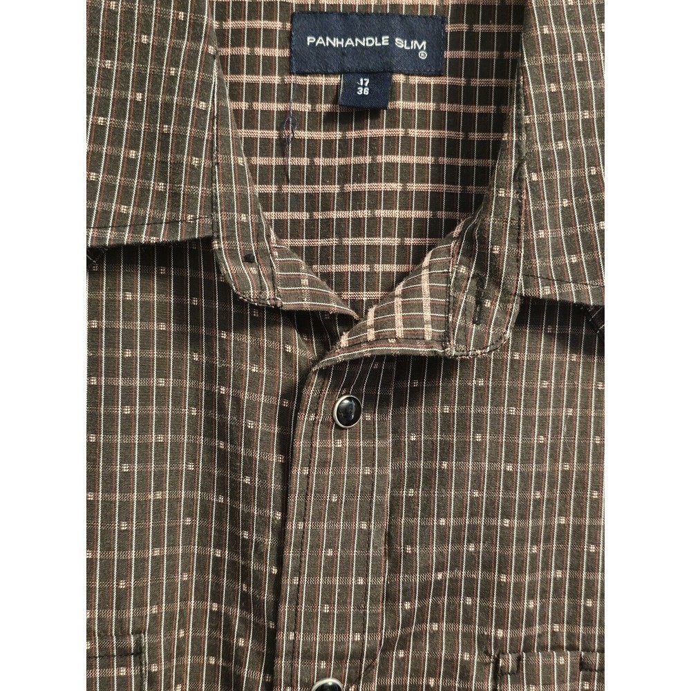 Panhandle Slim Western Shirt Mens Sz 17 36 Black Pearl Snaps Brown with Stripes